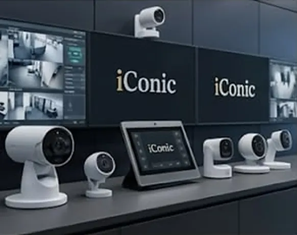 Câmeras de segurança brancas sobre uma bancada, diante de telas com imagens de monitoramento e o logo iConic.