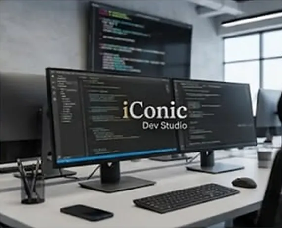 Mesa com dois monitores mostrando código e a marca iConic Dev Studio, teclado e mouse.