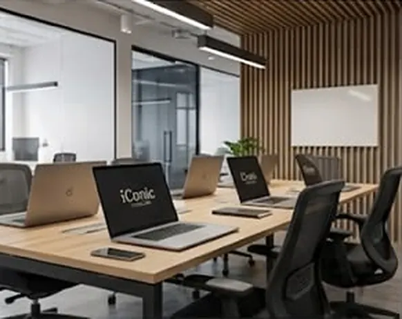 Bancada de trabalho com notebooks, cadeiras pretas, parede ripada de madeira e quadro branco.
