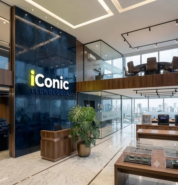 Recepção da iConic Tecnologia com o logo iluminado num painel azul-marinho, balcão de madeira, plantas e um mezanino envidraçado com sala de reunião.