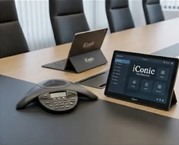Mesa de reunião com telefone de conferência e um tablet com o painel da iConic.